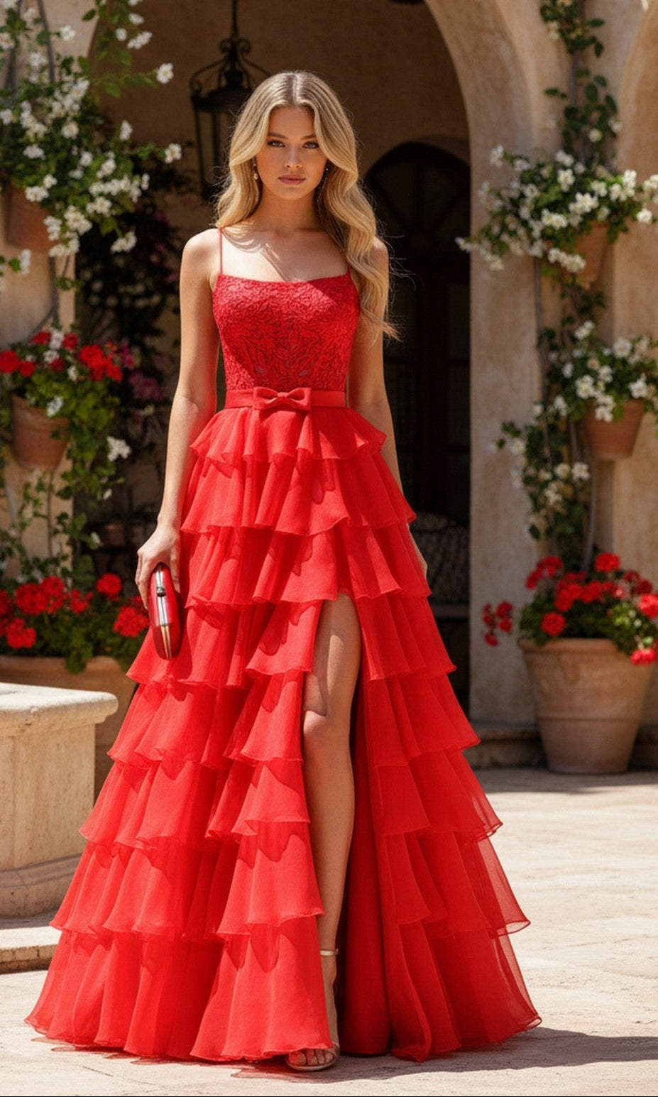 A woman in the red Long Prom Dress: PromGirl Exclusive 250202 with a thigh-high slit stands outdoors, holding a matching clutch in front of a building decorated with potted plants and flowers.